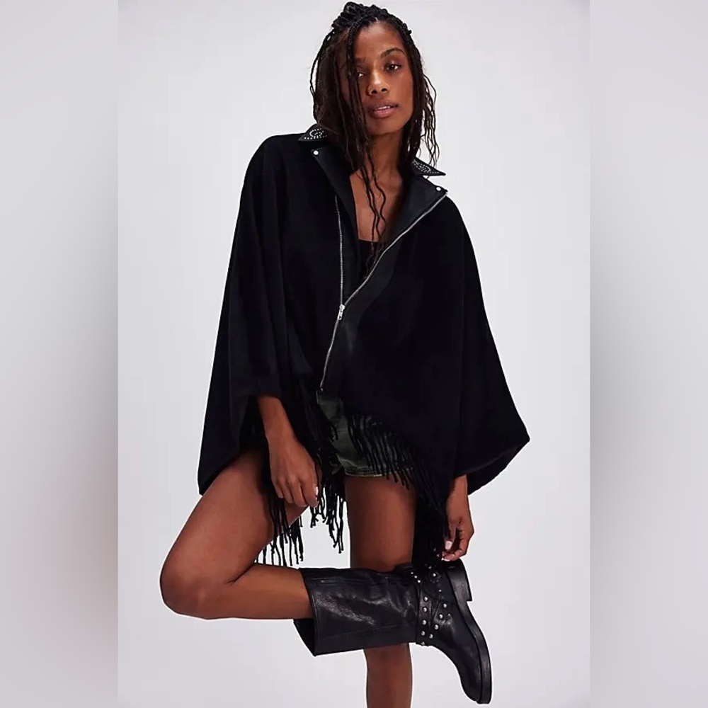 Free People Understated Leather Fringe Poncho Jacket Wool Blend Black One Size